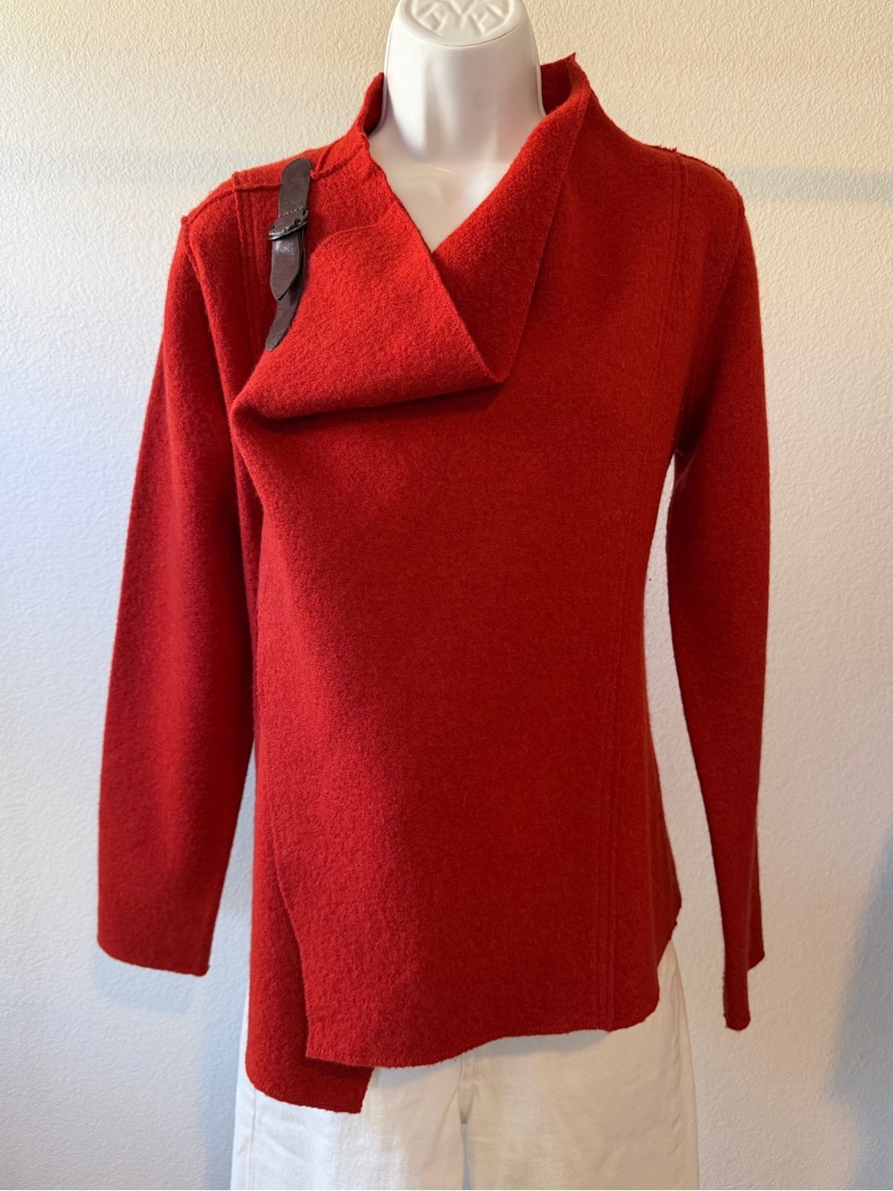 Eileen Fisher 100% Wool Wrap Sweater with Real Leather Trim Size Small